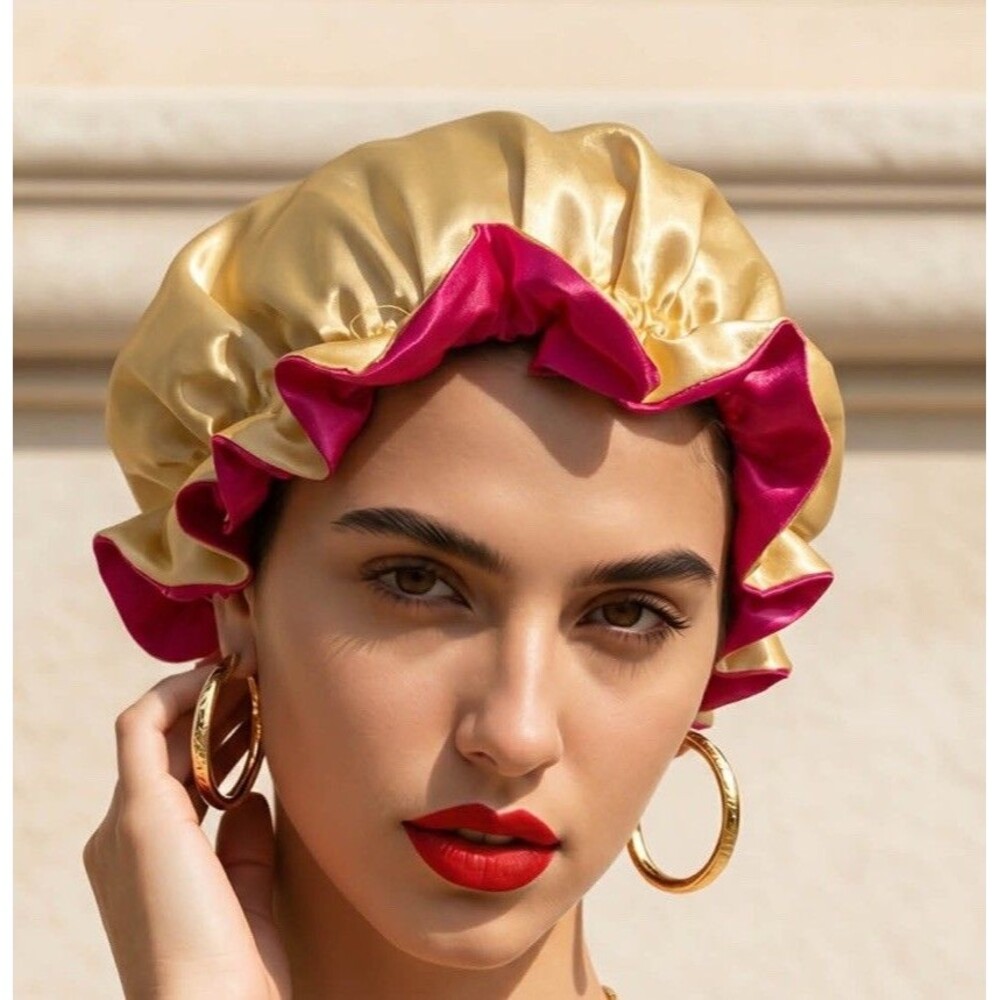 Women’s Satin Sleep Bonnet Hat Pink & Yellow XL Elastic Fit Reversible New - Picture 2 of 2